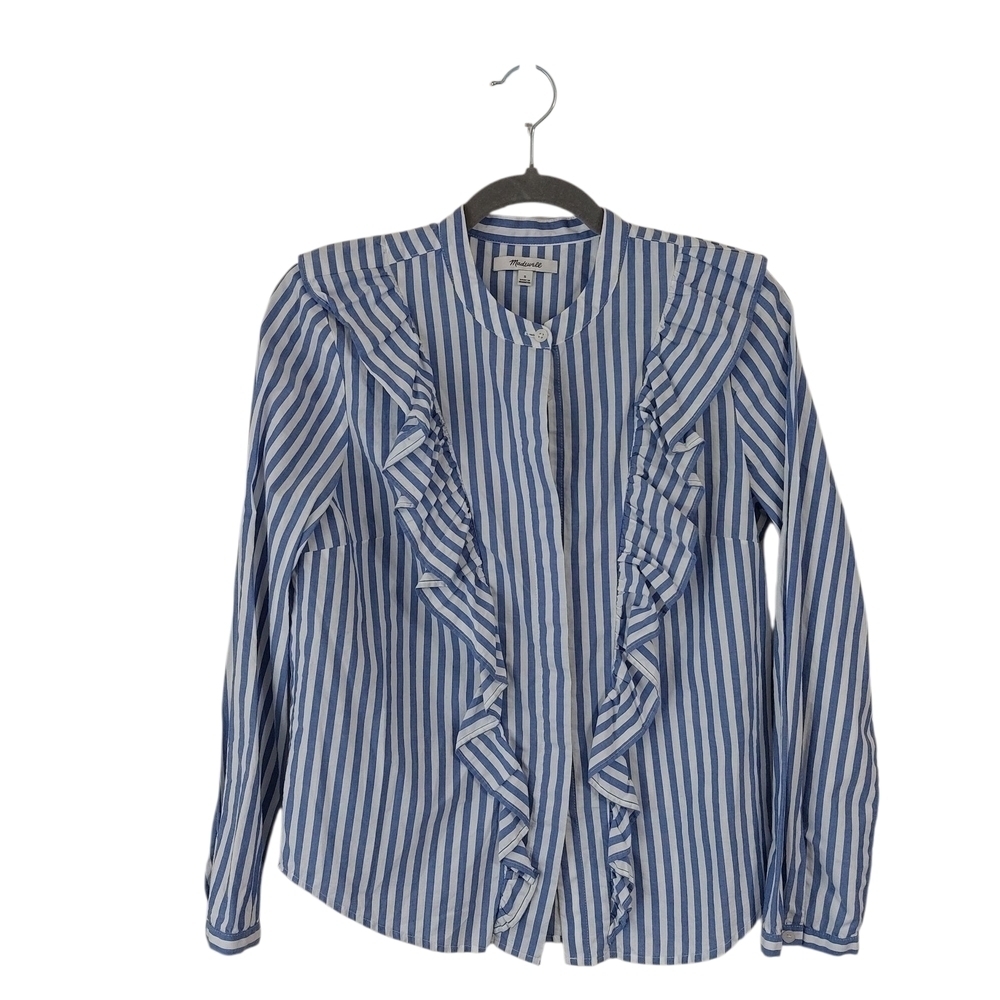 Madewell Blue and White Striped Ruffle Top